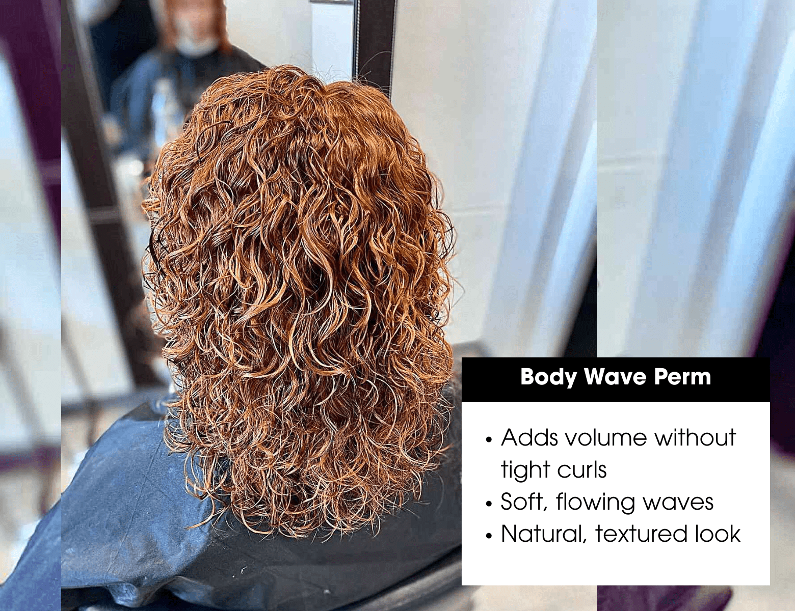 Woman with soft body wave perm - natural textured waves add volume without tight curls for flowing movement.