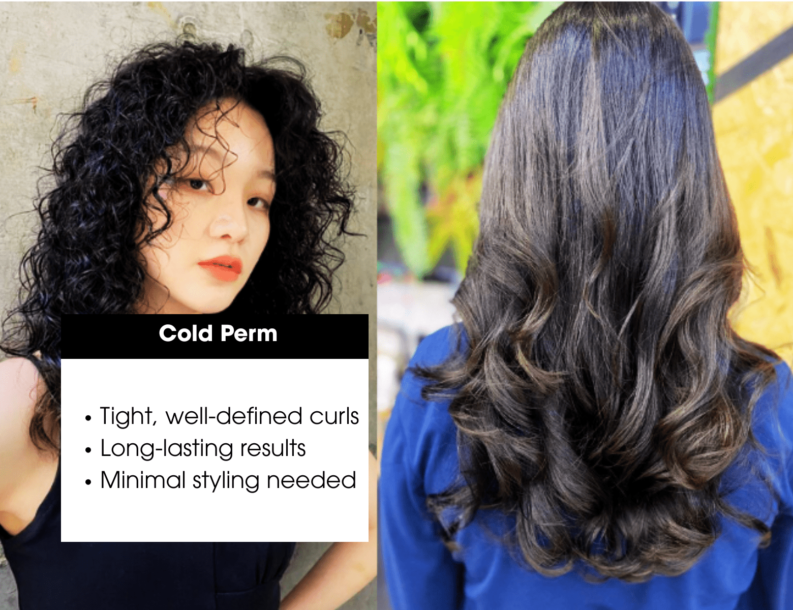 woman with tight, defined cold perm curls—text highlights 'long-lasting results' and 'minimal styling needed' for low-maintenance hair.