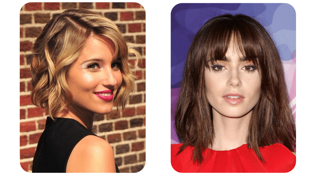 woman with a heart-shaped face shows two styles: a long bob adding jawline volume and a wavy bob softening her pointed chin.