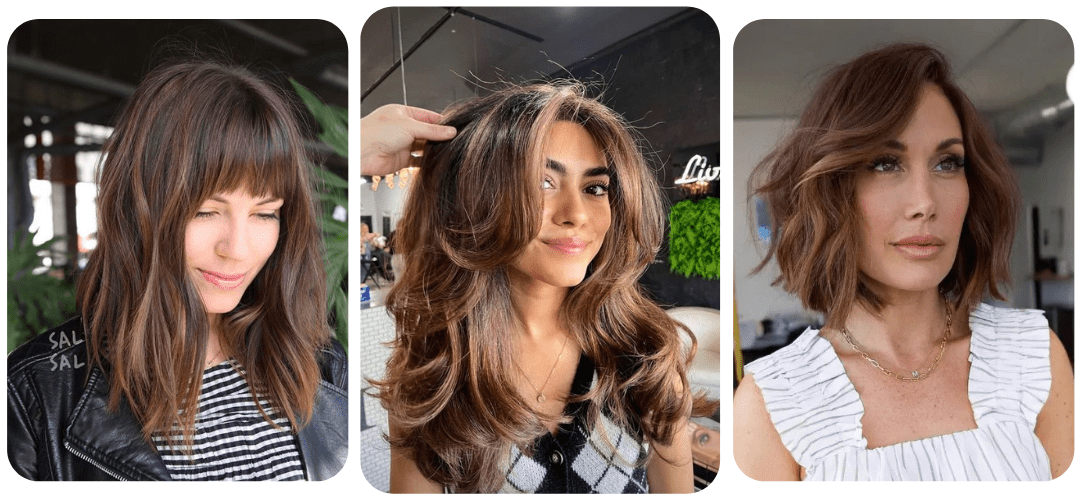 A triptych featuring three women with different hairstyles for long faces: the first woman has shoulder-length wavy hair with curtain bangs, the second has layered hair with a subtle fringe, and the third sports a chin-length wavy bob, each adding width and volume to balance the face shape.