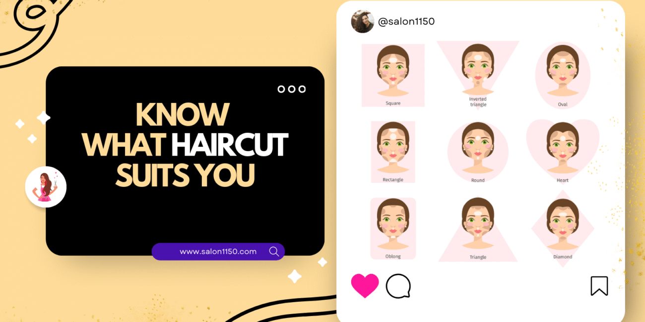 woman with different face shapes and suitable haircuts. The left side has bold yellow text "KNOW WHAT HAIRCUT SUITS YOU" and a cartoon stylist with scissors. The right side displays nine simple, stylized cartoon faces representing various face shapes like square, oval, round, and heart, with subtle makeup to highlight facial features. The design is clean, modern, and visually appealing with a soft yellow-gold background.