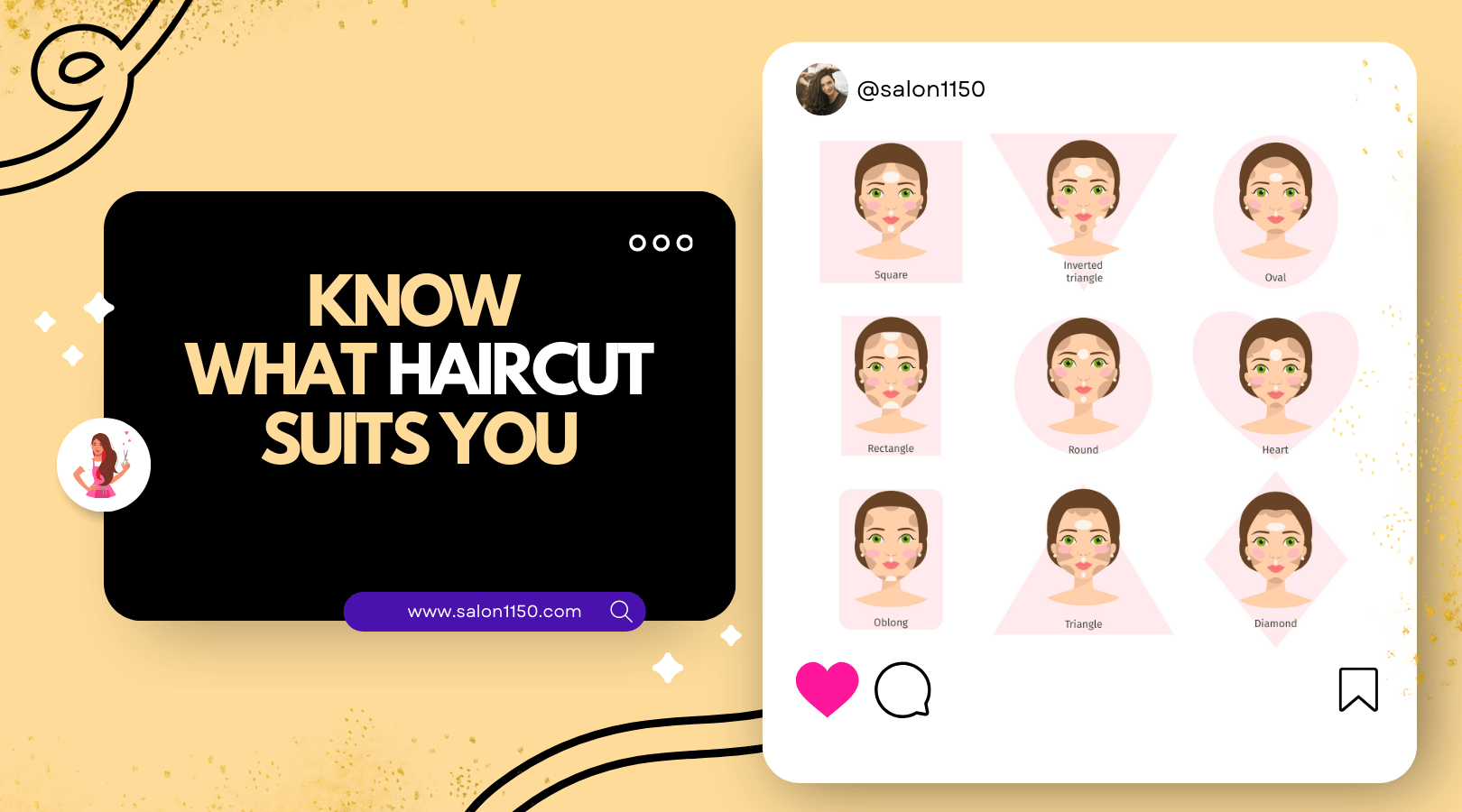 woman with different face shapes and suitable haircuts. The left side has bold yellow text "KNOW WHAT HAIRCUT SUITS YOU" and a cartoon stylist with scissors. The right side displays nine simple, stylized cartoon faces representing various face shapes like square, oval, round, and heart, with subtle makeup to highlight facial features. The design is clean, modern, and visually appealing with a soft yellow-gold background.