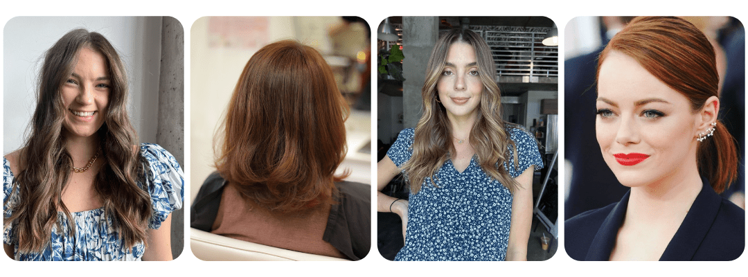 A visual lineup of four diverse women, each with an oval face shape, modeling different flattering hairstyles: a sleek blunt bob, a soft shoulder-length layered cut, a high-fashion slicked-back style, and a middle-parted look with subtle waves. The image highlights versatility and symmetry suited to the oval face shape.