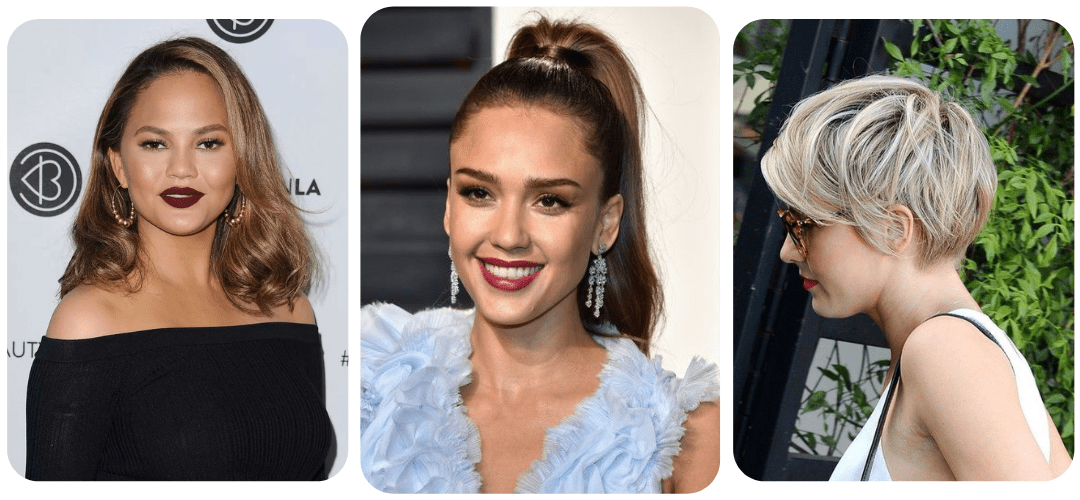 image showing three flattering hairstyles for round face shapes: a deep side part that adds angular definition, a high ponytail that lifts and elongates the face, and a textured pixie cut that adds height and sharpness. Each style is tailored to complement the soft curves of a round face.