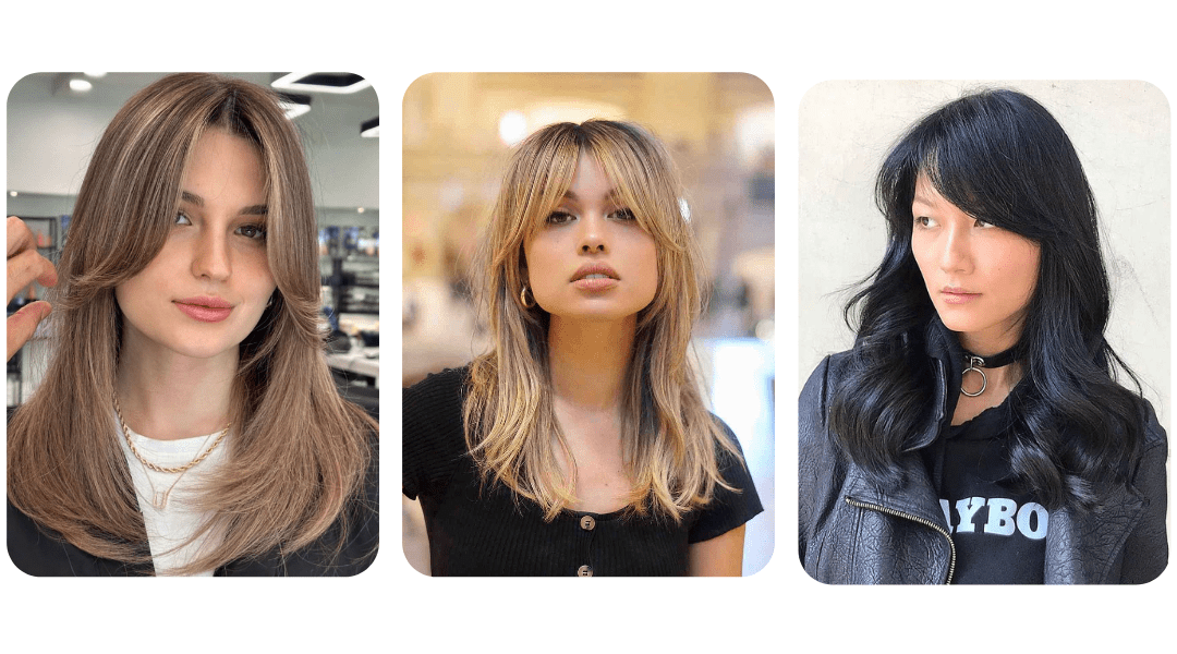 An image featuring three flattering hairstyles for square faces: soft, wispy bangs that help soften sharp features, long layers that add movement and balance the face, and side-swept bangs that gently frame the face and soften the jawline. Each hairstyle is designed to enhance the natural beauty of a square face shape.