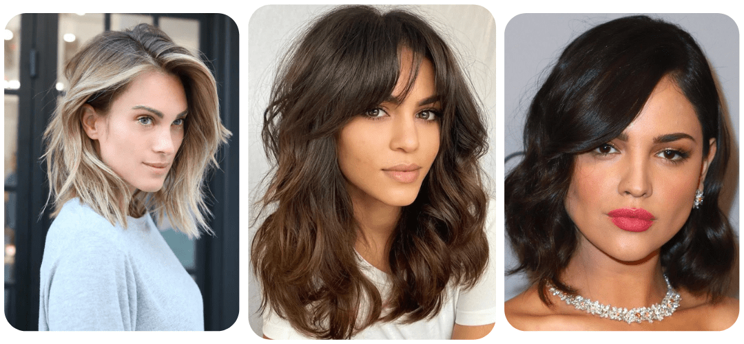 A triptych of three women with diamond face shapes wearing flattering hairstyles: loose ombre waves, textured shoulder-length layers with side-swept bangs, and dark wavy hair with a deep side part—each enhancing cheekbones and balancing angular features.