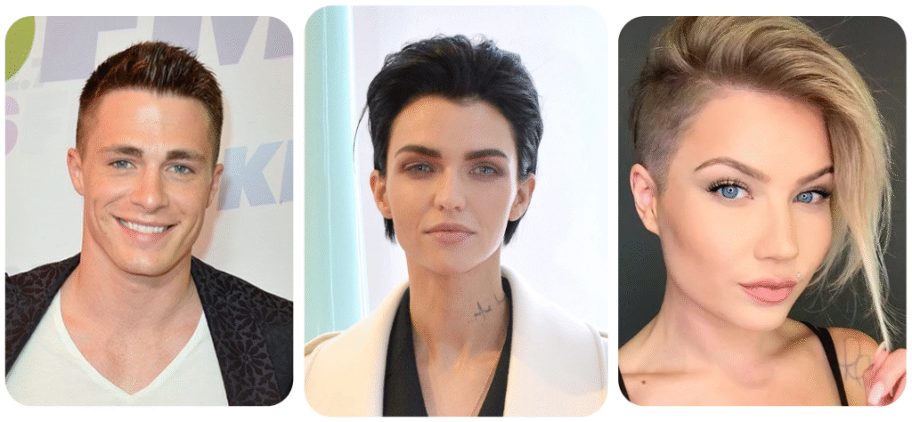 Three individuals with triangle face shapes, featuring hairstyles like a neat side-part, textured quiff, and sleek, dark hair. Each person showcases balanced looks that complement their jawline.