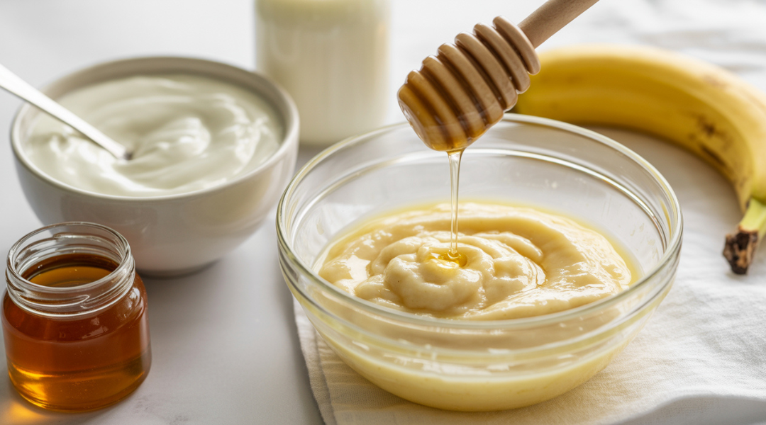 A bowl with mashed banana, plain yogurt, and honey being mixed for a DIY hair mask. Surrounding ingredients include a banana, a bowl of yogurt, and a jar of honey on a clean white surface with natural lighting.