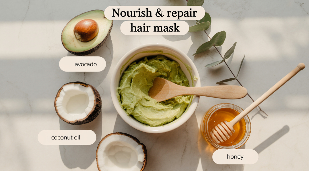 Flat lay of a DIY hair mask preparation featuring a bowl with mashed avocado, melted coconut oil, and honey on a clean light-toned counter. Surrounded by a halved avocado, coconut oil jar with spoon, honey jar with dipper, and labeled ingredients. Soft natural lighting, with a spa-like, calming vibe.