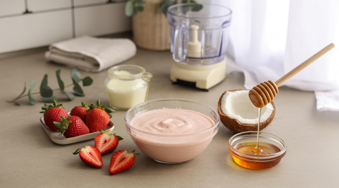 Bright flat lay on a white countertop featuring a clear bowl with pale pink strawberry, coconut oil, and honey hair mask surrounded by fresh whole and sliced strawberries, a jar of coconut oil with spoon, a honey jar with wooden dipper, a small food processor in the background, and soft spa-like accents including a white towel and eucalyptus leaves.