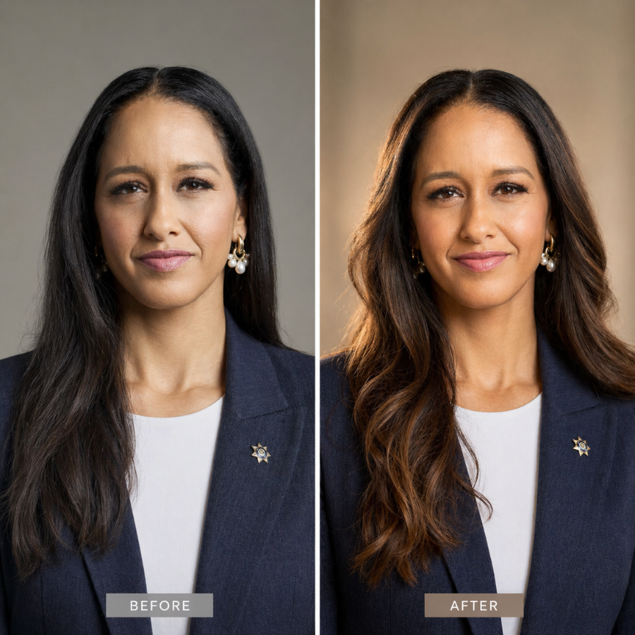 Before and after dark ash brown hair transformed into warm chestnut brown, adding golden undertones and creating a healthier, more radiant complexion