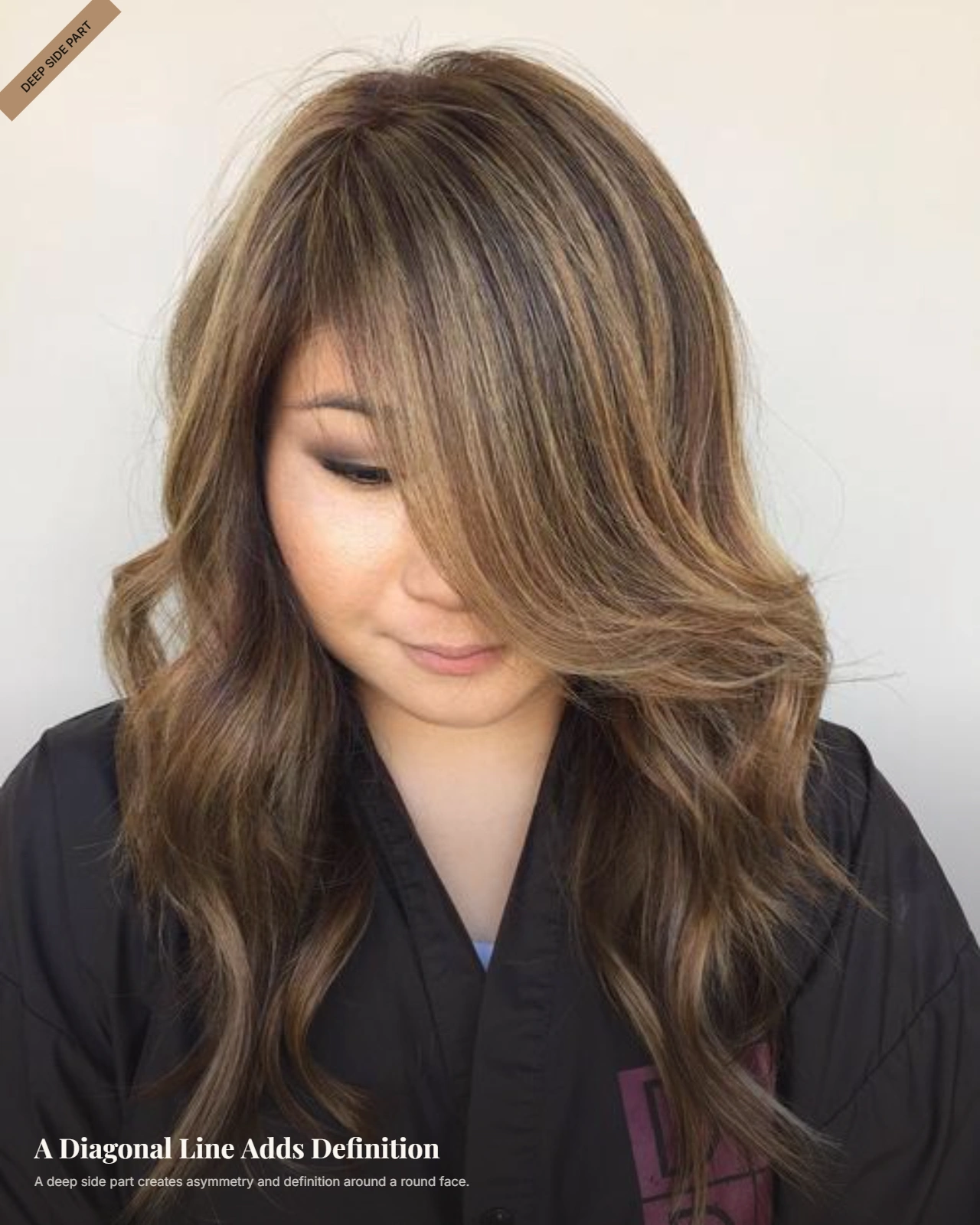 Woman with a round face wearing a deep side part with long side-swept hair