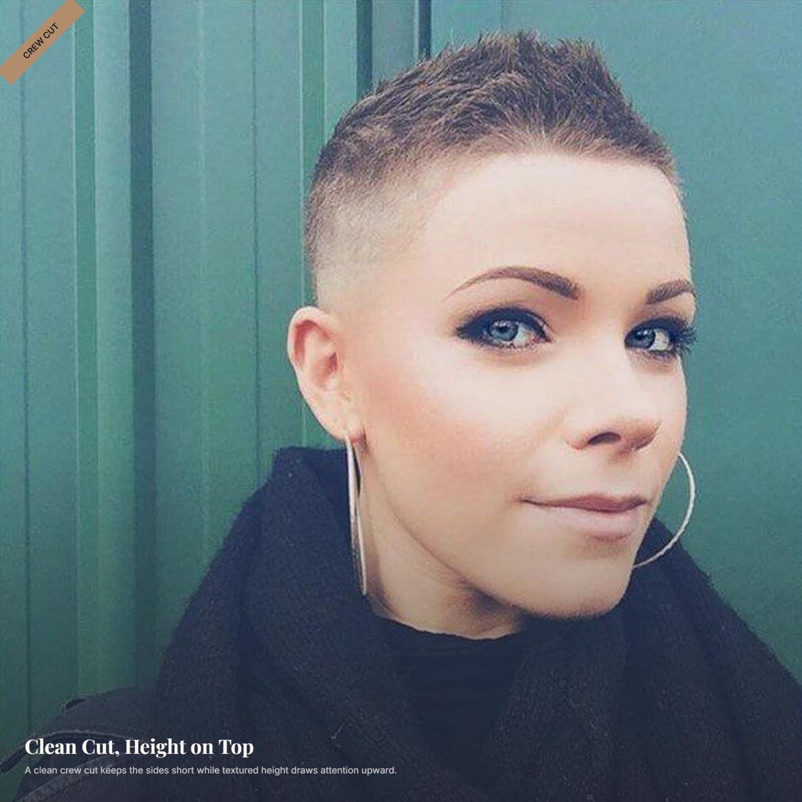 Woman with a triangle-shaped face wearing a textured crew cut with height on top