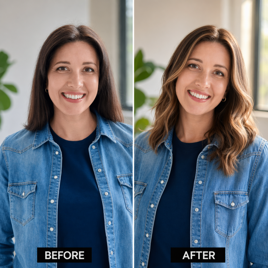 Before and after flat single process hair transformed into honey balayage, adding brightness, soft dimension and blending grey roots for a younger look