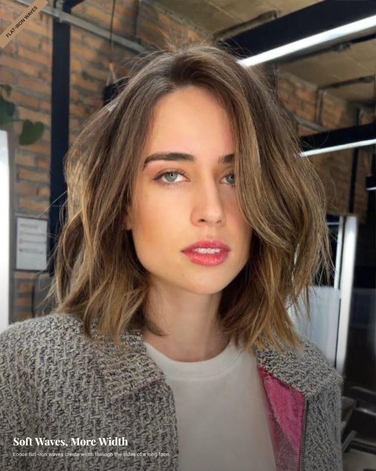 Woman with a long face wearing loose waves that add width around the cheeks