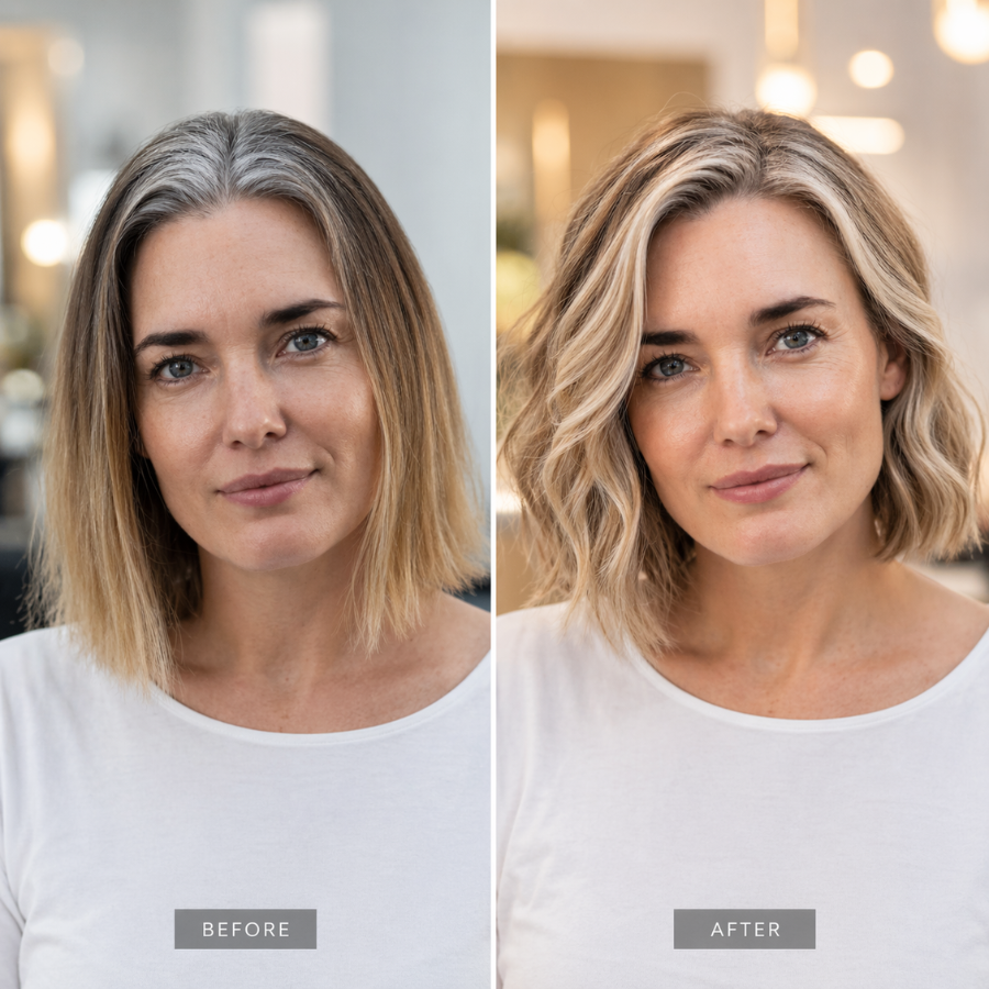 Before and after grown out grey hair transformed into champagne blonde, showing seamless grey blending, brighter skin tone and a more youthful appearance