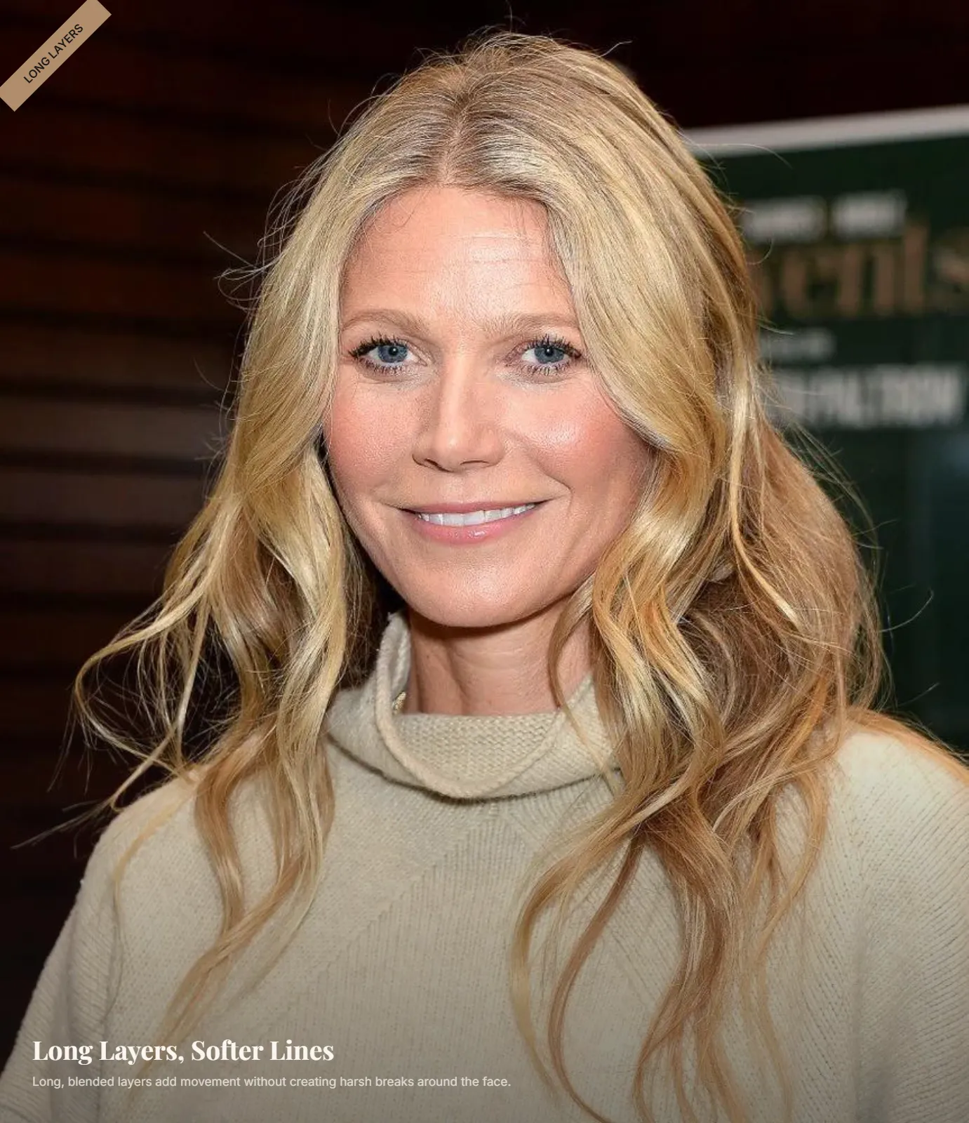 Woman with a square face wearing long blended layers that soften the jawline
