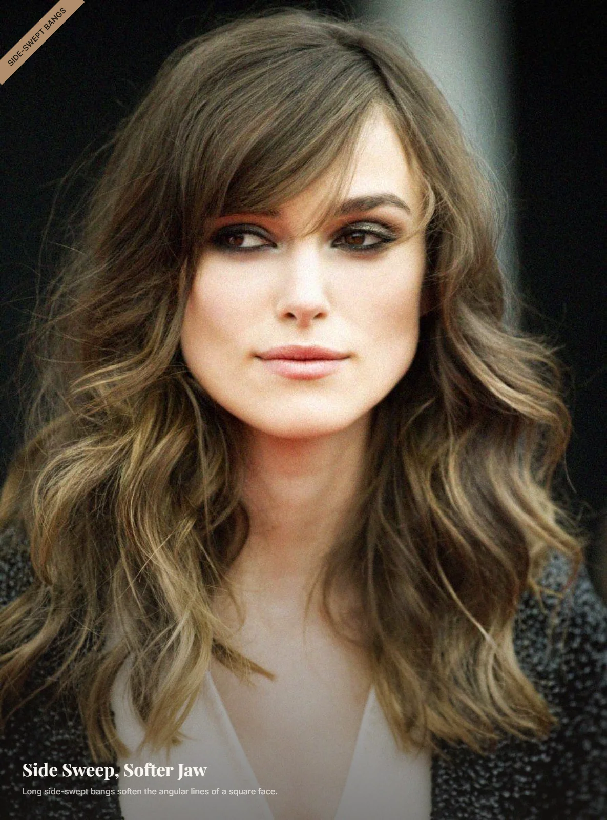 Woman with a square face wearing long side-swept bangs that frame the jaw