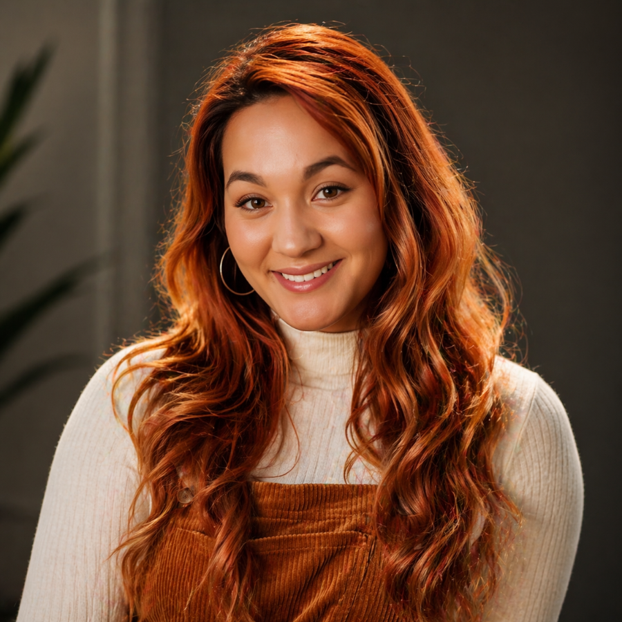 Vibrant auburn hair color with copper red tones and soft waves creating a warm, youthful glow and enhanced skin radiance