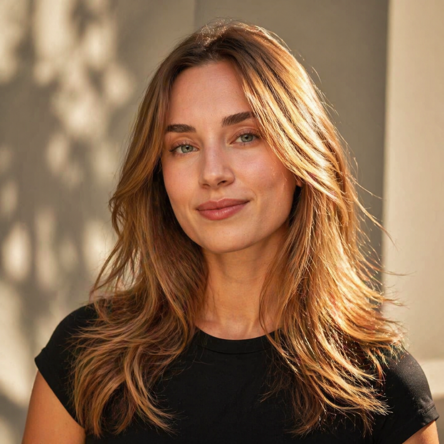 Warm honey blonde hair color with soft waves adding natural glow, warmth and a youthful, radiant complexion