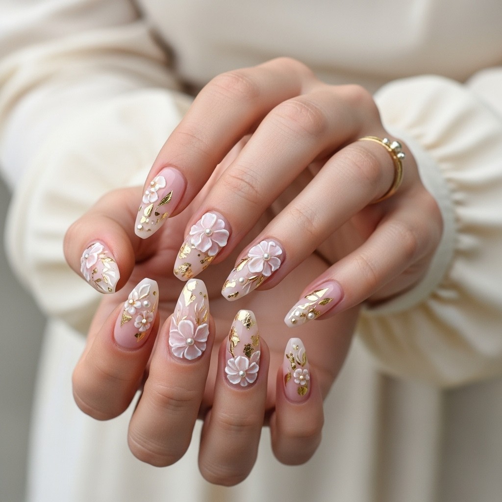 straight fingers and long almond-shaped pink nails featuring 3D white and gold floral art, over a soft neutral background