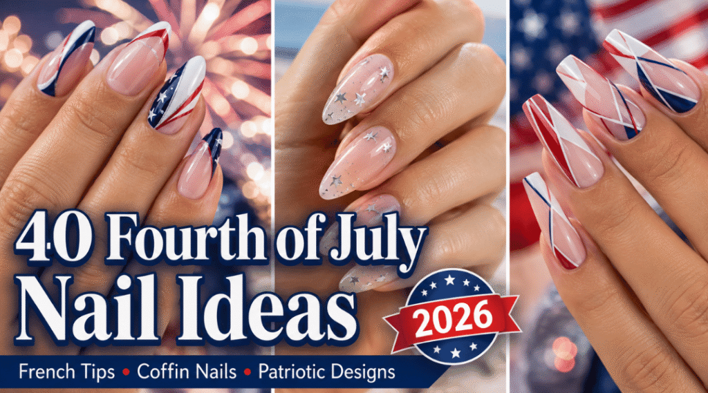 Featured image showing Fourth of July nail ideas for 2026 including patriotic French tips, subtle star nails, and modern coffin nail designs