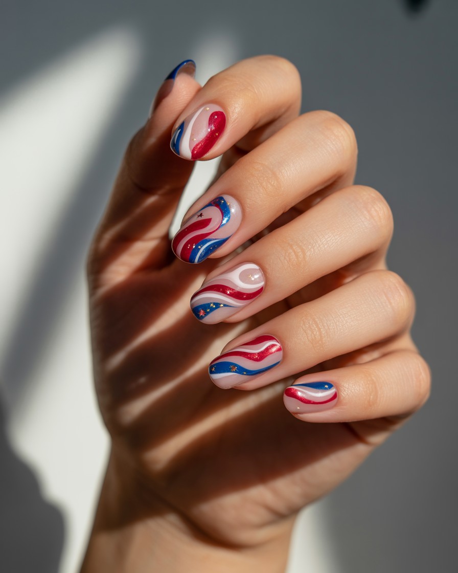 Glossy almond nails with abstract red, white, and blue swirls and fine glitter accents.