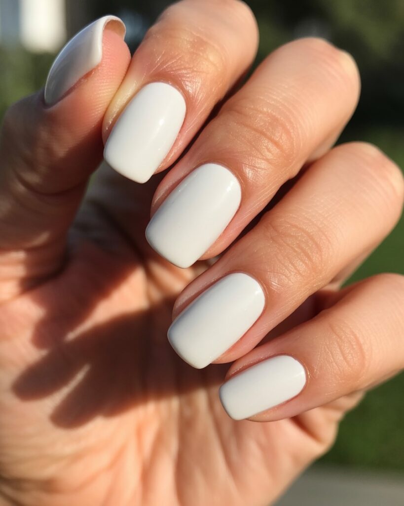 Glossy coffin-shaped nails in classic all-over white for a timeless summer look.