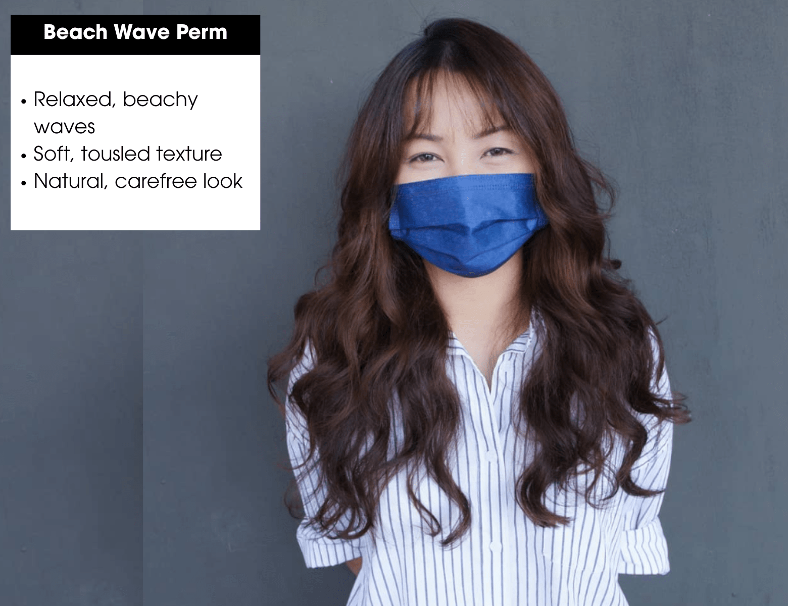 Young woman wearing mask with beach wave perm - relaxed, tousled waves creating a natural, carefree look.