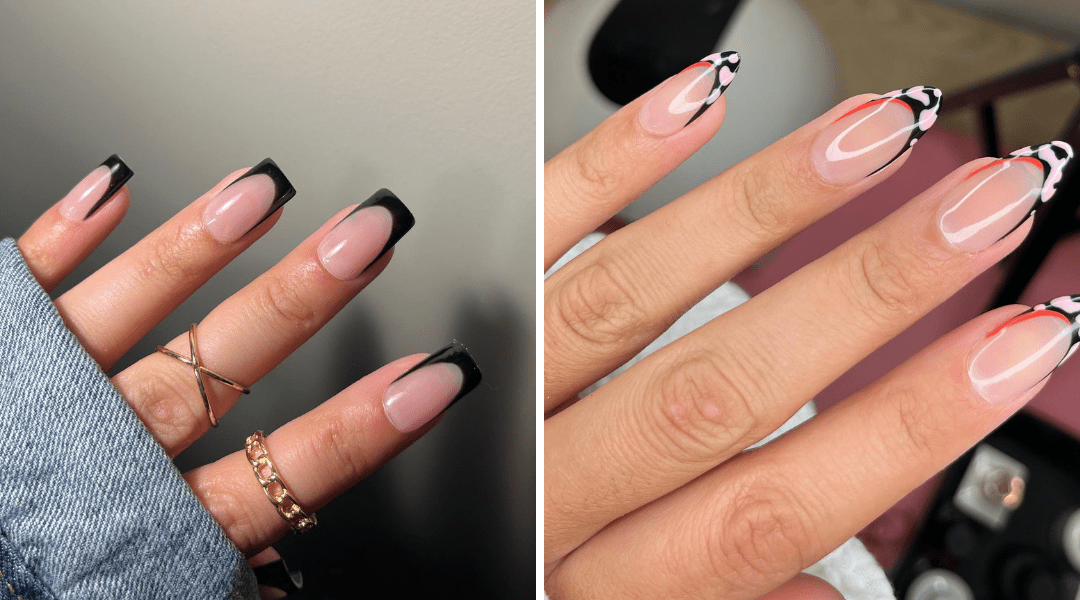 A striking mix of glossy black V-shaped tips and bold, artistic accents on clear bases create a modern edge. Paired with subtle denim and gold accessories, this look balances sleek sophistication with creative flair.