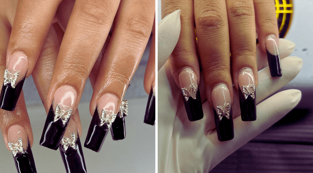 Glossy black stiletto nails with silver rhinestone bows on each finger, shown alongside the natural hand for a before-and-after nail transformation.