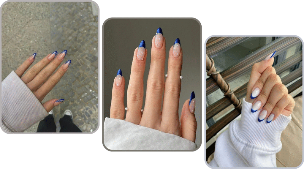 Blue French tip nails with gradient finish shown in three views, styled with silver rings in outdoor settings