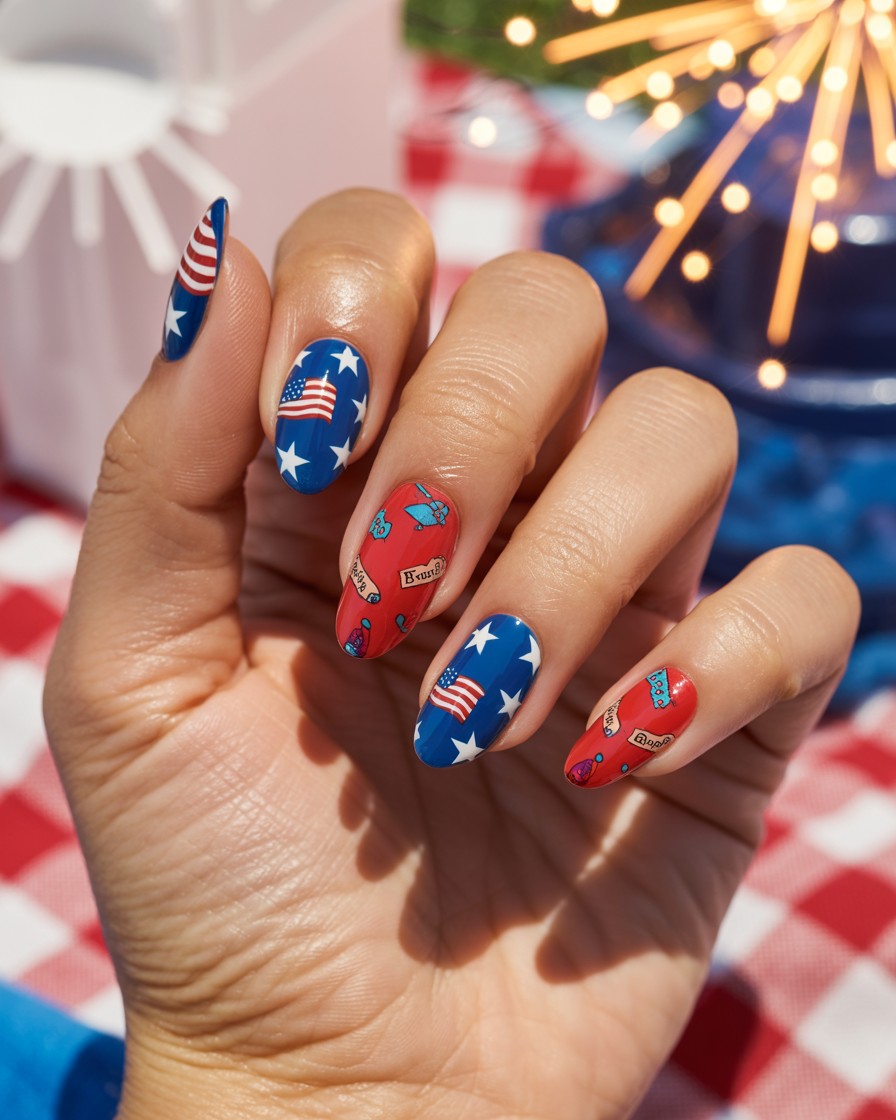 Almond-shaped nails with Bomb Pop art, white stars, and American flag-inspired accents.