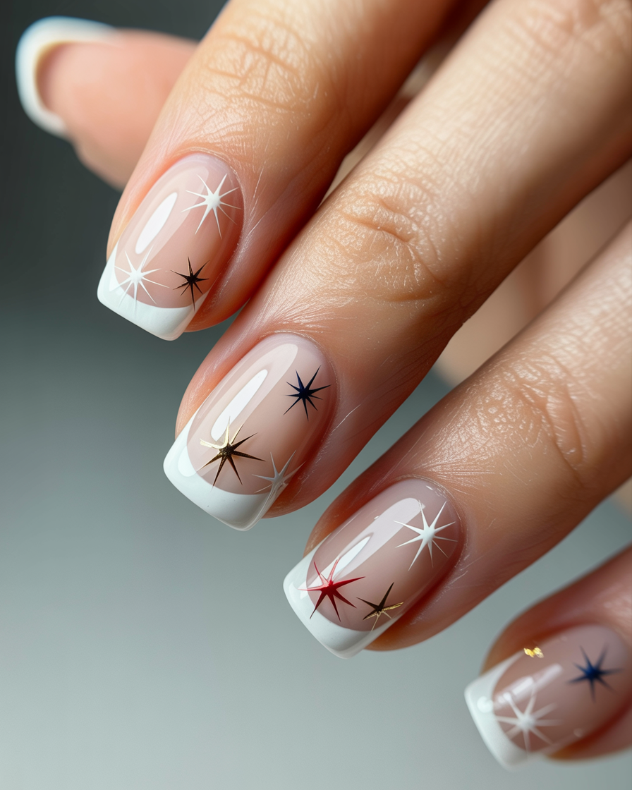 Classic French manicure with colorful star accents scattered over a sheer nude base.