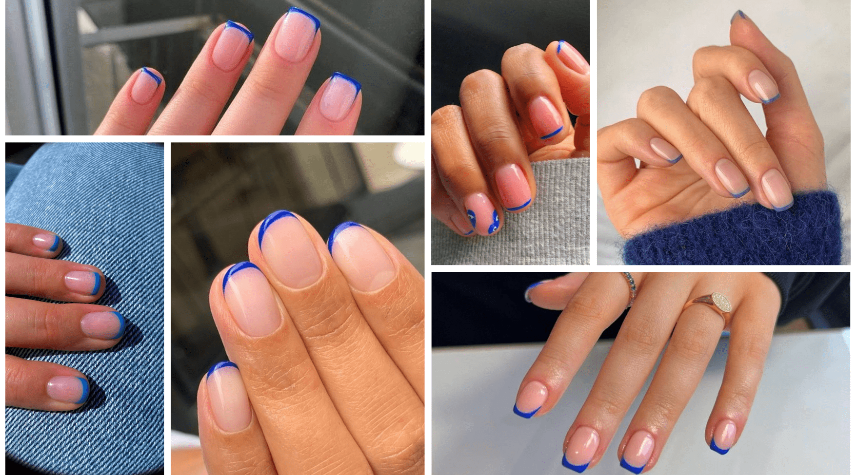Collage of six images showcasing cobalt blue micro French nails on short, natural nails with a glossy nude base