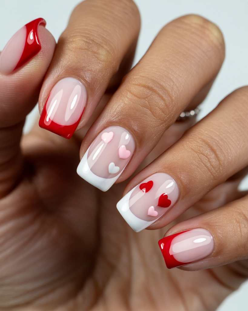 Double-French manicure with red and white tips accented by pink and red heart designs on natural pink nails.