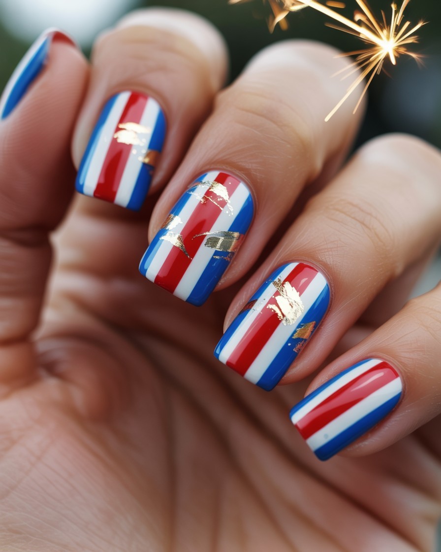 Square red, white, and blue striped nails with metallic foil accents and glossy finish.