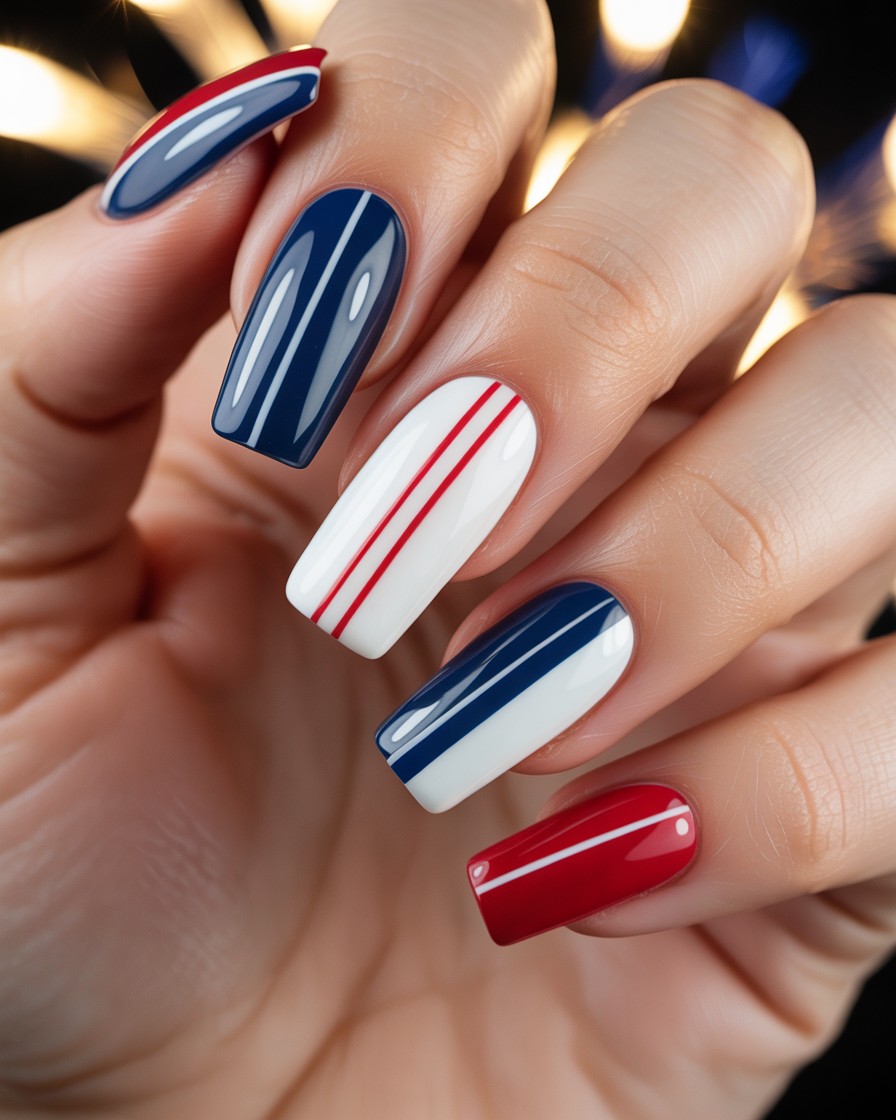 Glossy coffin-shaped nails with red, white, and blue line detailing for a modern patriotic look.