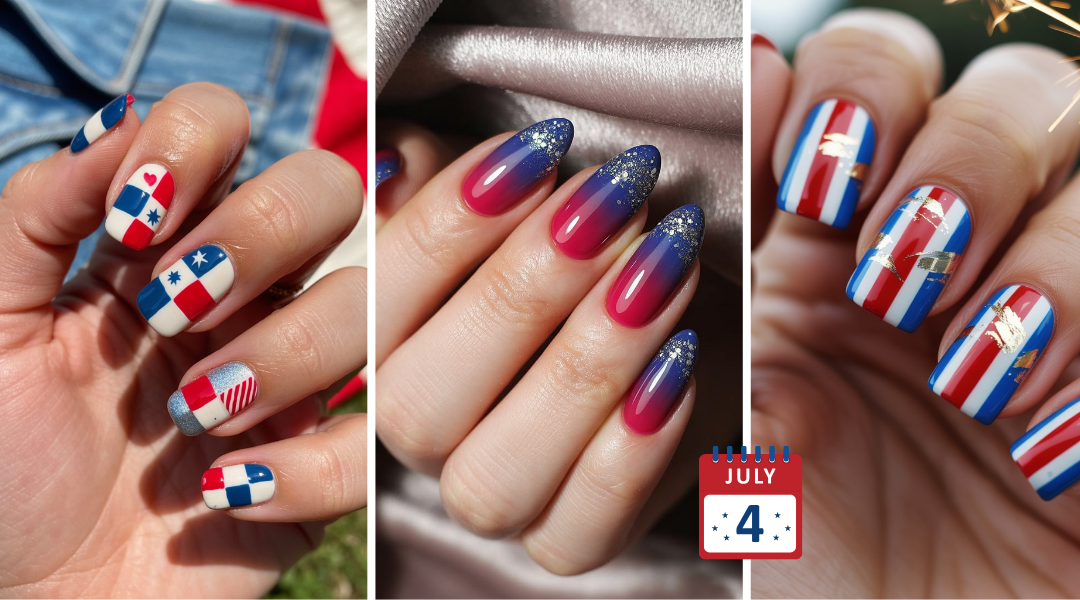 Patriotic nail art trio featuring Dominican flag-inspired nails, blue-to-pink glitter ombré nails, and red-white-blue striped nails with gold foil accents, all celebrating July 4th.
