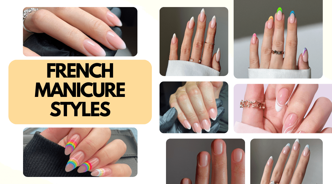 Collage of eight French manicure nail designs beneath the text 'French Manicure Design Ideas'