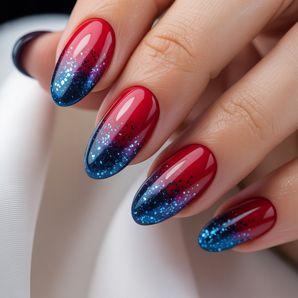 Red to blue ombré almond nails with sparkling silver glitter overlay and glossy finish.