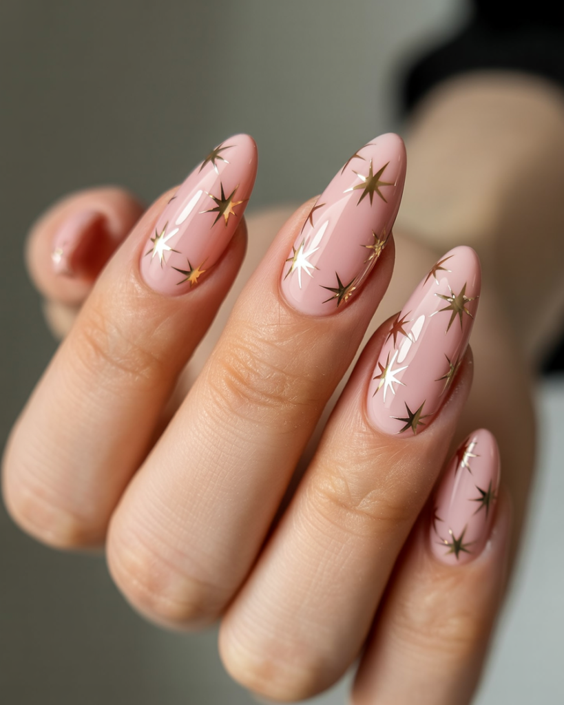 Soft pink almond-shaped nails with glossy finish and gold star appliqués for a sparkling elegant look.
