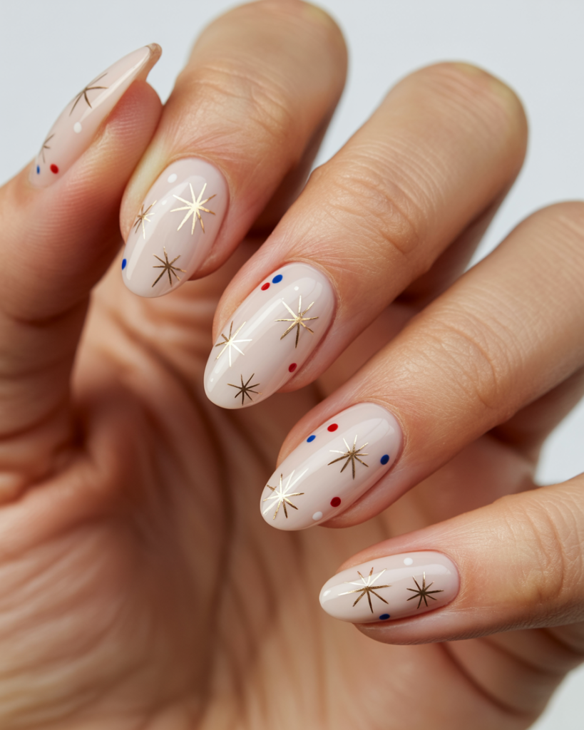 Almond nude nails with dainty gold stars and red and blue dot accents.