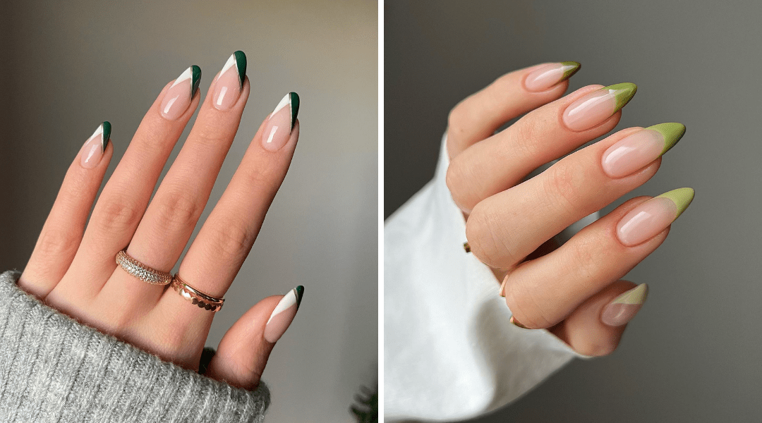 Green French tip nails with stiletto shape, featuring alternating designs and soft gradients, paired with rings and neutral knit clothing.