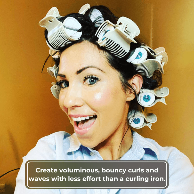 Heated rollers creating bouncy curls in fine hair with heat protectant