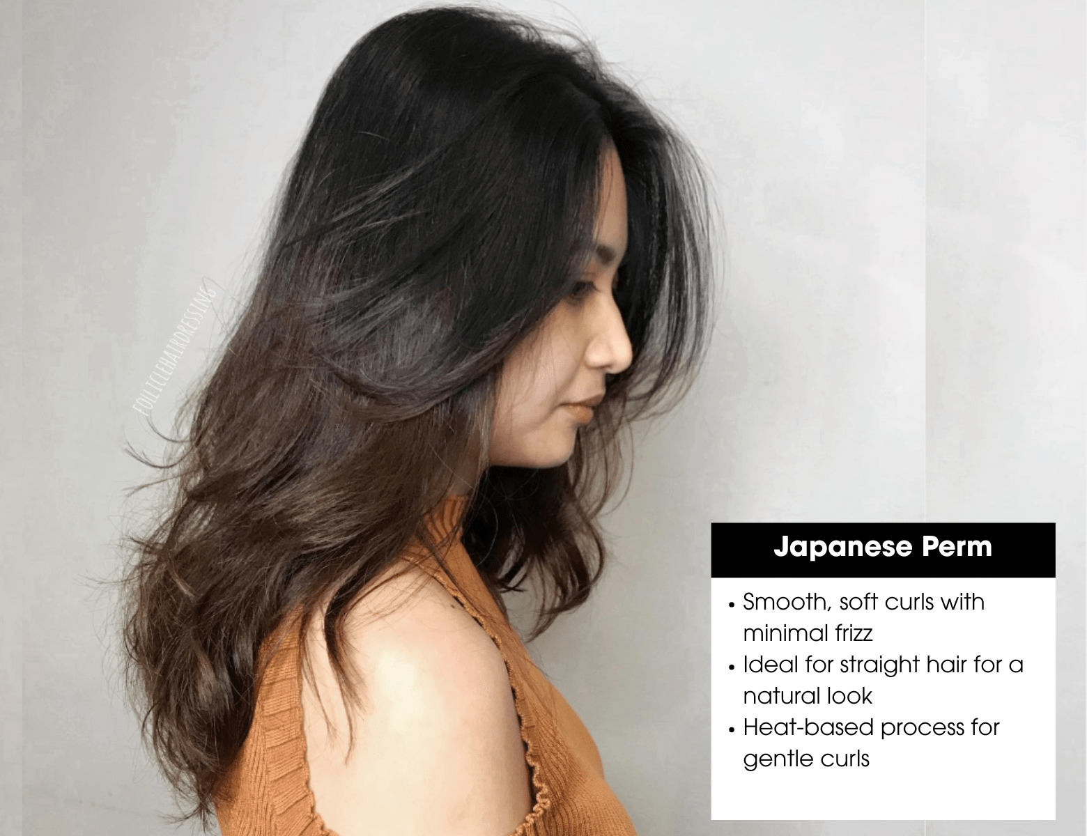 Japanese perm results showing smooth, soft curls with minimal frizz - ideal heat-based treatment for straight hair seeking natural-looking waves.