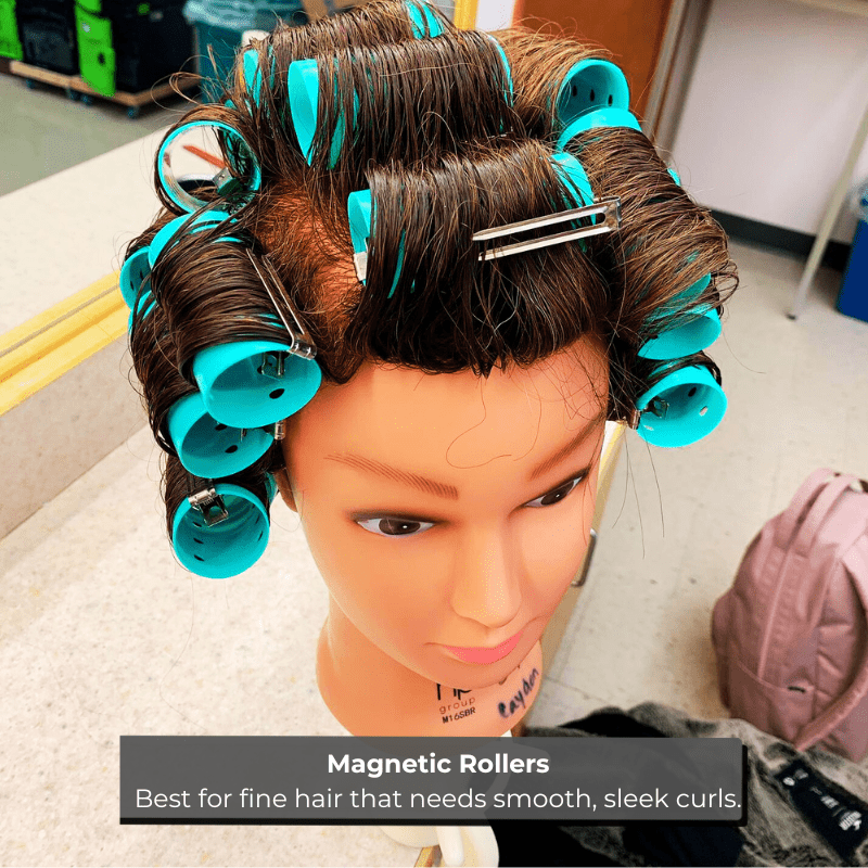 Magnetic rollers creating smooth, frizz-free curls in fine hair