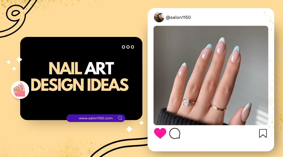 Composite image with text 'Nail Art Design Ideas' on a dark square and four fingers with pastel blue French tip nails wearing assorted rings.