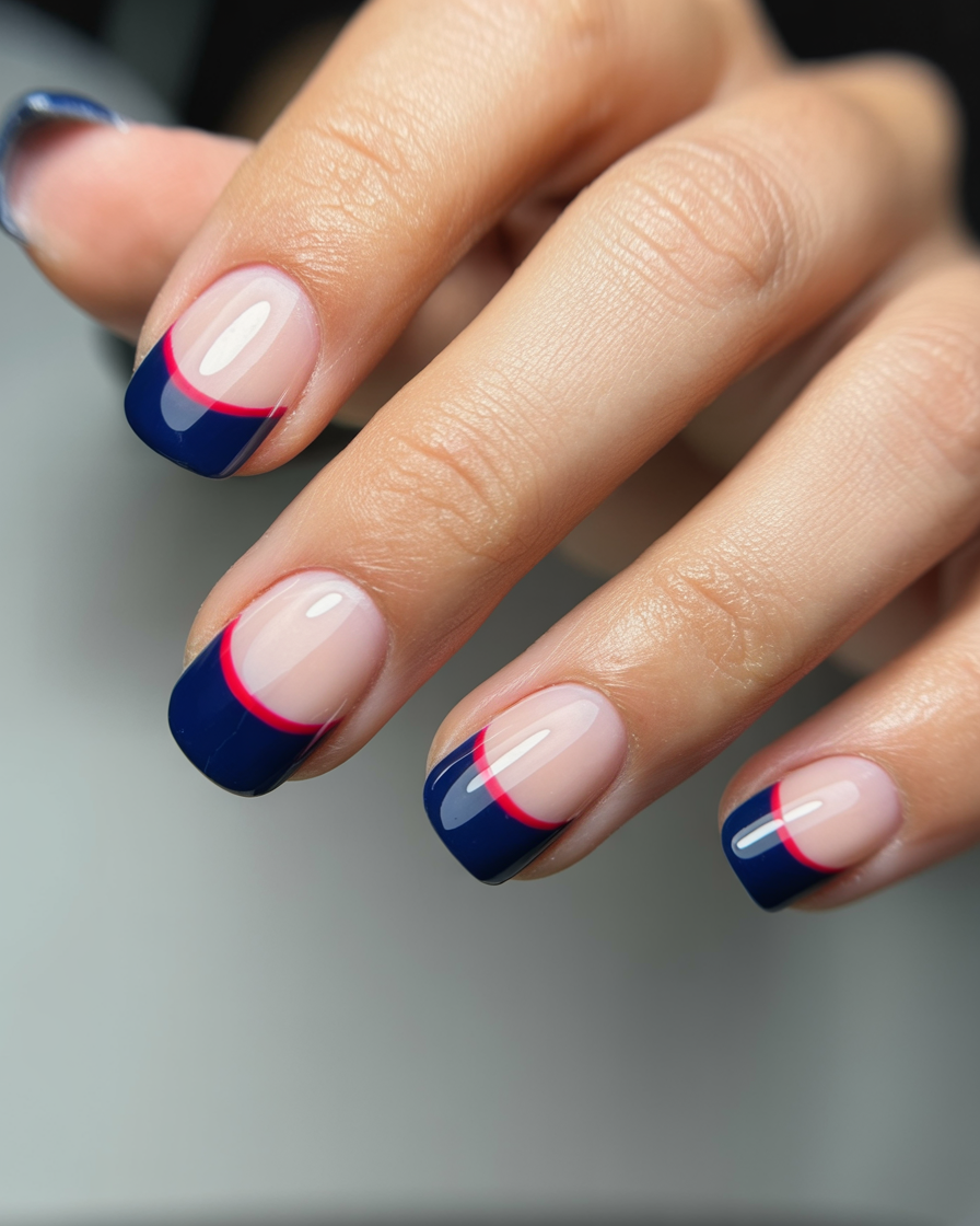 Navy blue French tips with negative space and thin red lines on medium-length glossy nails.