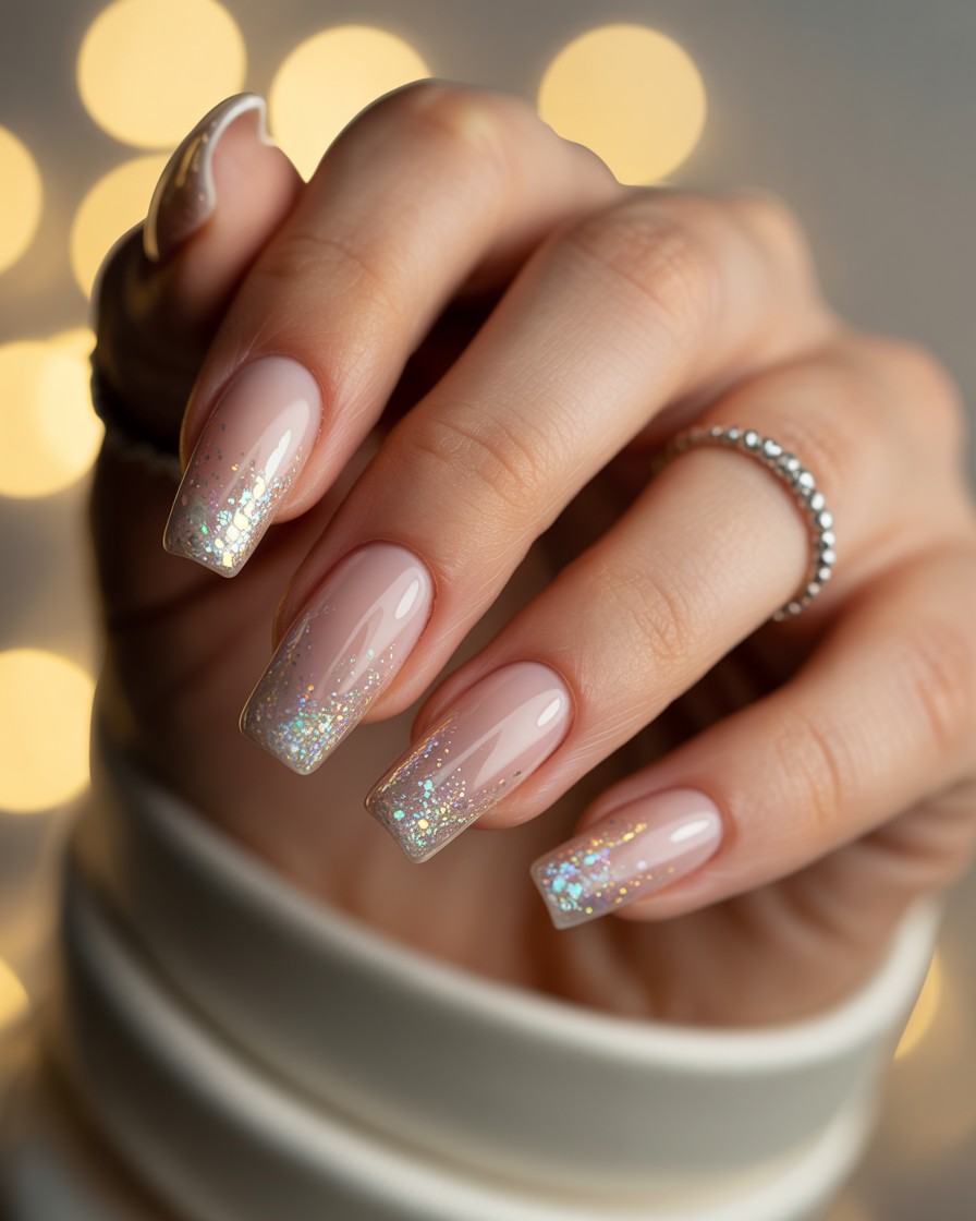 Coffin-shaped nails with holographic glitter ombré, sparkling like fireworks.